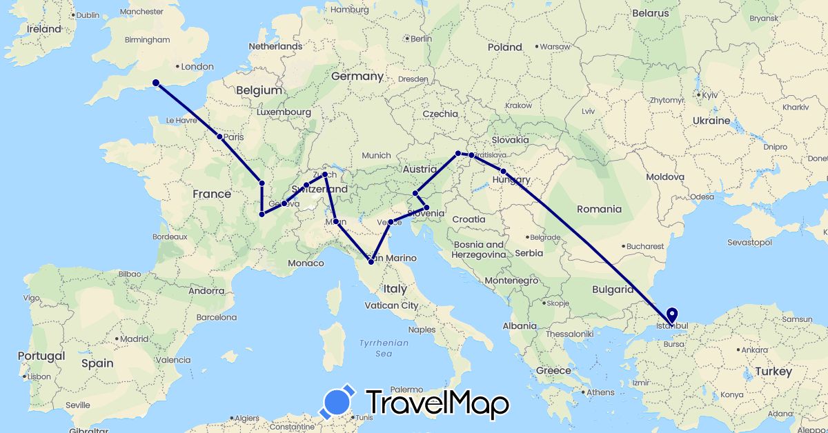 TravelMap itinerary: driving in Austria, Switzerland, France, United Kingdom, Hungary, Italy, Slovenia, Slovakia, Turkey (Asia, Europe)